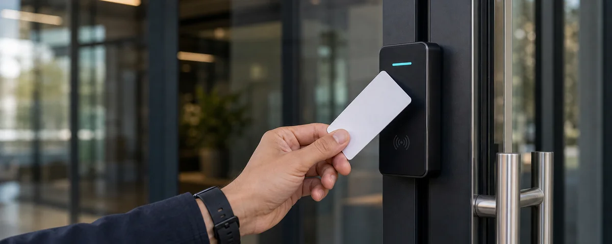 Access card being used at a secure glass entry door